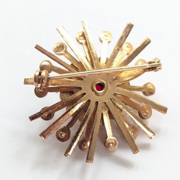 Vintage Gold Tone Glass Rhinestone Atomic Sunburst Collectible 1950s Brooch - Picture 2 of 3